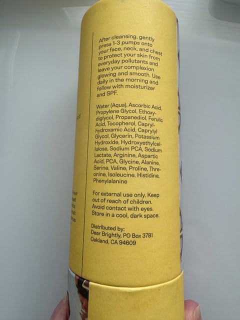 Vitamin C Serum with Ferulic Acid and Vitamin E for Glowing Radiant Skin by Dear Brightly, Liquid Cloak Facial Serum for Sensitive Skin, Refillable Glass Bottle, 0.7 fl oz