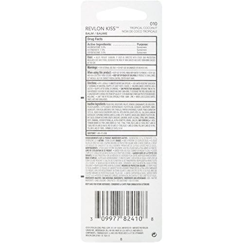 Revlon Lip Balm, Kiss Tinted Lip Balm, Face Makeup with Lasting Hydration, SPF 20, Infused with Natural Fruit Oils, 010 Tropical Coconut, 0.09 Oz (Pack of 2)