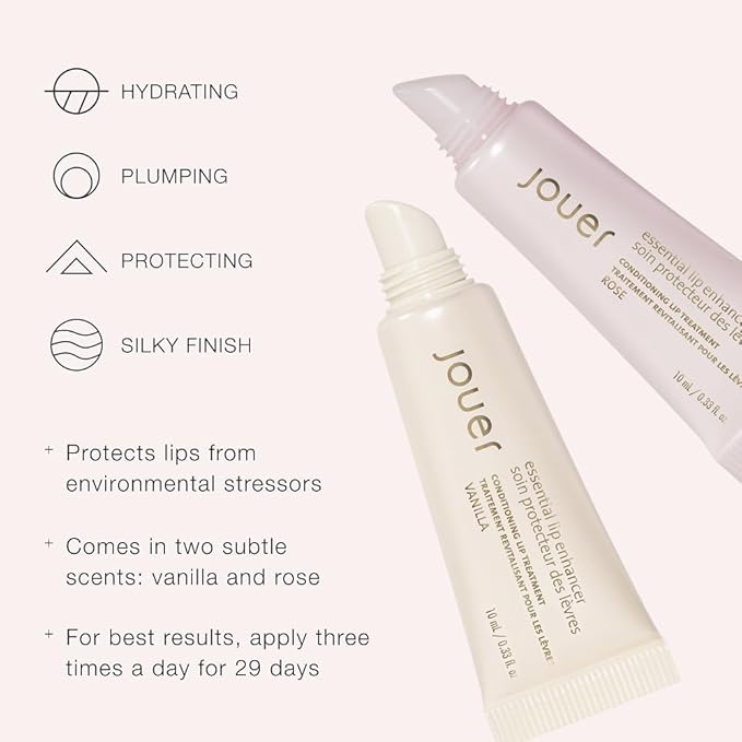 Jouer Essential Vegan Lip Enhancer - Plumping Lip Gloss - Enhancing Lip Conditioner - Moisturize, Plump, & Nourishing Lip Care - Jojoba Seed Oil & Maxi Lip Formula for Moisturizing and Fullness, Rose