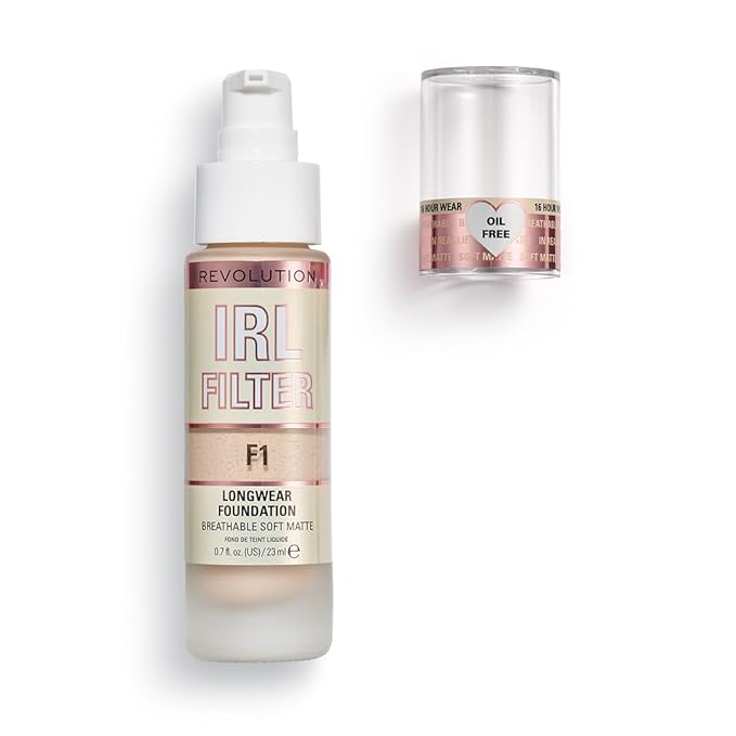 Revolution Beauty, IRL Filter Longwear Foundation, Soft & Breathable Formula, Medium to Full Coverage, Matte Finish, F1, 0.7 Fl. Oz