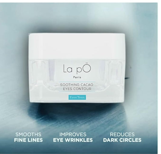 "La pO Paris Cacao Enriched All-In-One Eye Contour - Ultimate Dark Circle and Puffiness Defense with Firming Power."