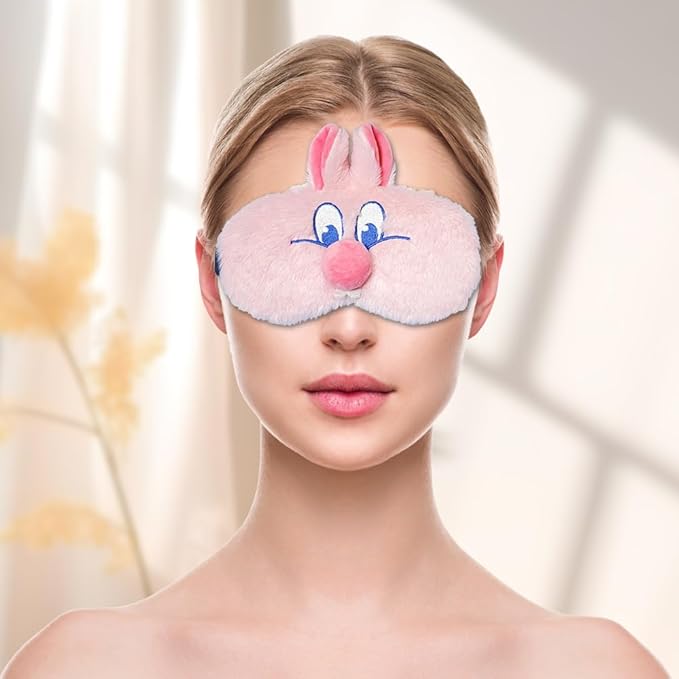 PERFECTSIGHT Bunny Eye Masks, Cute Plush Sleep Eye Cover Lightweight Adjustable Eyeshade Faux Fur Mask Cover for Women Men Sleep Travel Nap, Pink Nose
