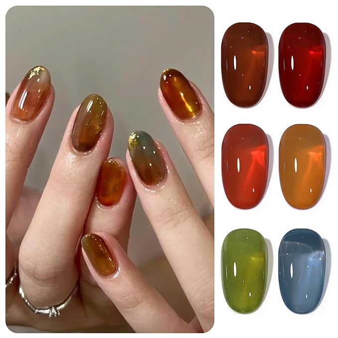 Born Pretty Jelly Gel Nail Polish, Sheer Transparent Crystal Gel Nail Polish, Christmas Brown Red Orange Green Blue Fall Winter Soak off Nail Polish Manicure DIY Home Salon Christmas Gift 7ml 6colors