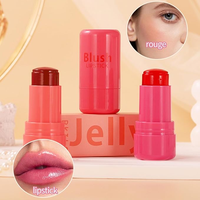 Cooling Water Jelly Tint Blush,4 Colors Multi-Use Tint Blush Makeup Stick Watercolor Finish for Lips and Cheek Stain, Moisturising Waterproof Non-Stick