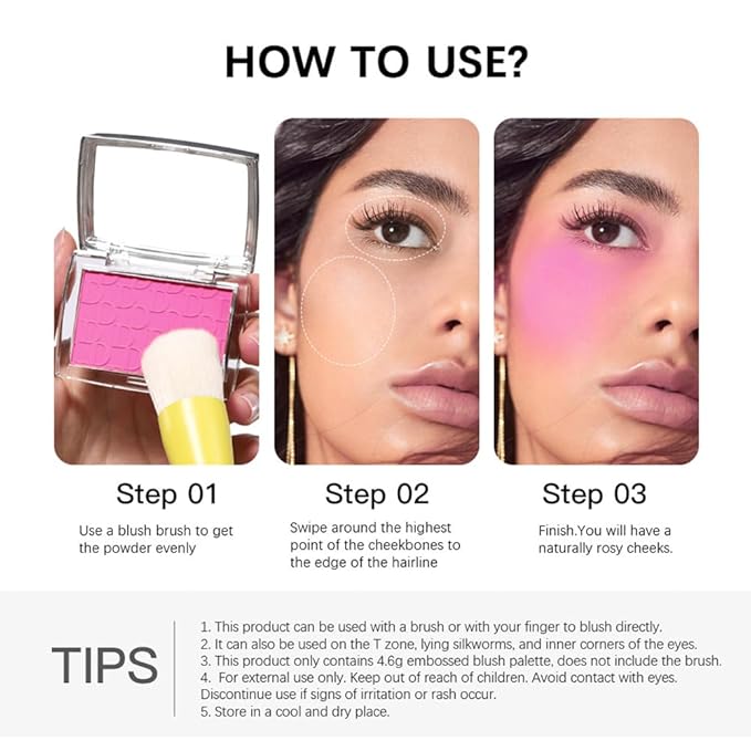 Pink Powder Blush Palette, Multi-Use Makeup Blusher Pink Face Powder for Eyes, Lips, Cheeks, Blendable Formula