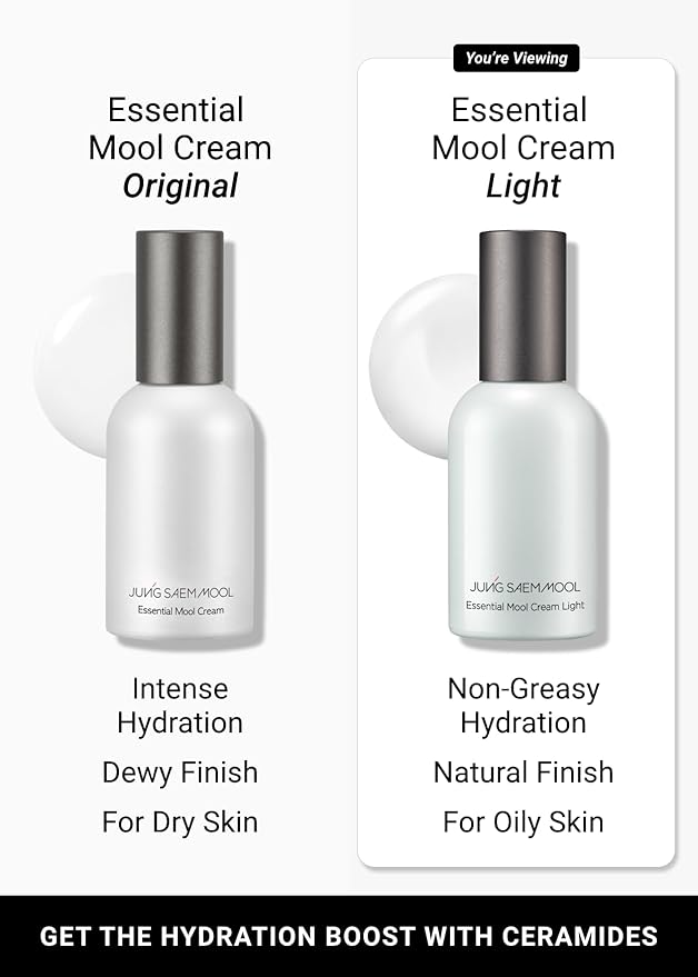JUNG SAEM MOOL Essential Mool Cream Light 1.7 Fl Oz, Hydrating Water Cream with Ceramide and Centella, Perfect Prep Step Before Cushion Foundation for Smooth, Radiant Finish, Korean Skincare