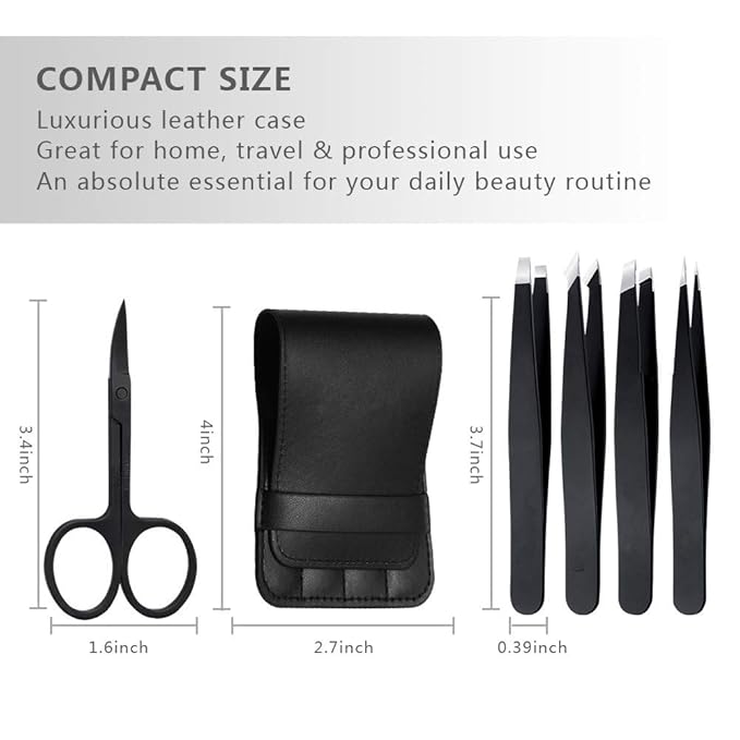 Tweezers Set 5-Piece - Professional Stainless Steel Tweezers with Curved Scissors, Best Precision Tweezer for Eyebrows, Splinter & Ingrown Hair Removal with Leather Travel Case (Black)