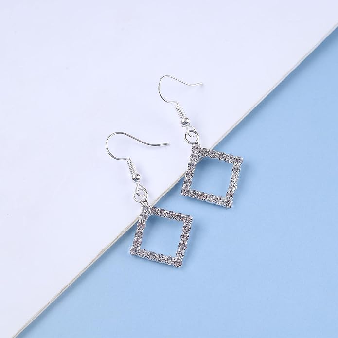 Vintage Crystal Square Drop Earrings Rhinestone Square Dangle Earrings Hollow Square Hook Earrings Silver Sparkly Cz Square Earrings Jewelry for Women