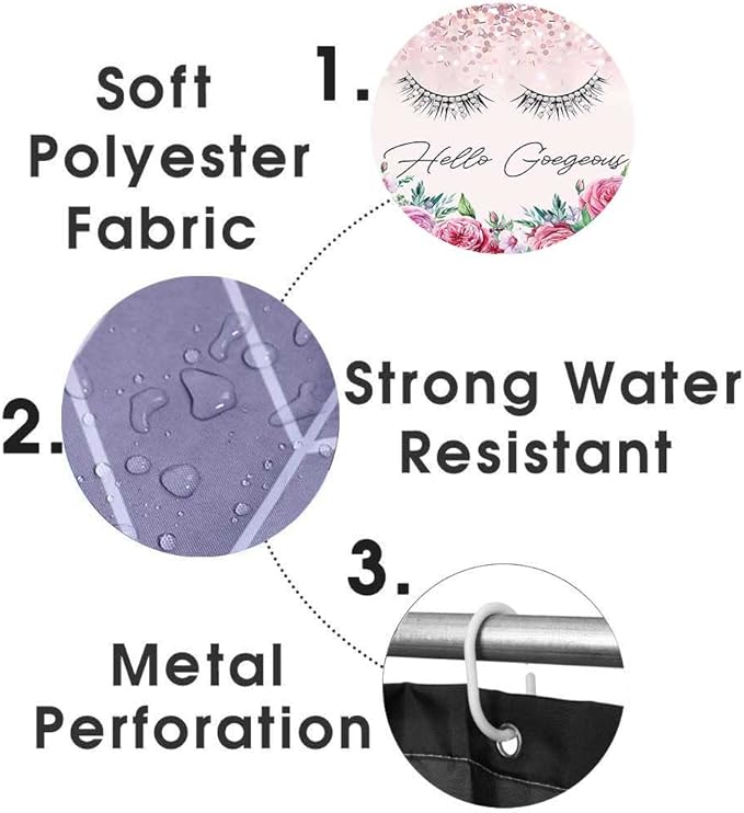 4PCS Hello Gorgeous Shower Curtain Set, Birthday Confetti Botanical Peony Floral Diamond Unicorn Eyelash Teen Girls Pink Bathroom Decor, Waterproof Fabric Shower Curtain, Bath Mat Toilet Rug