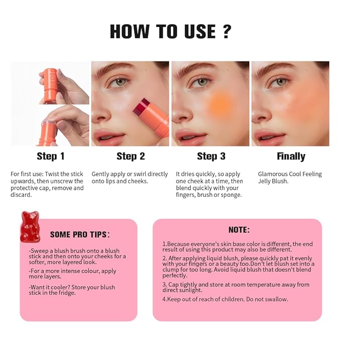 Multi-Use Cooling Water Jelly Blush/Lip Tint & Eye Shadow - Sheer Stain withBuildable Watercolor Finish - Long-Lasting Moisture - 1,000+ Swipes Per Stick - Jelly Texture for Lip & Cheek (Red)