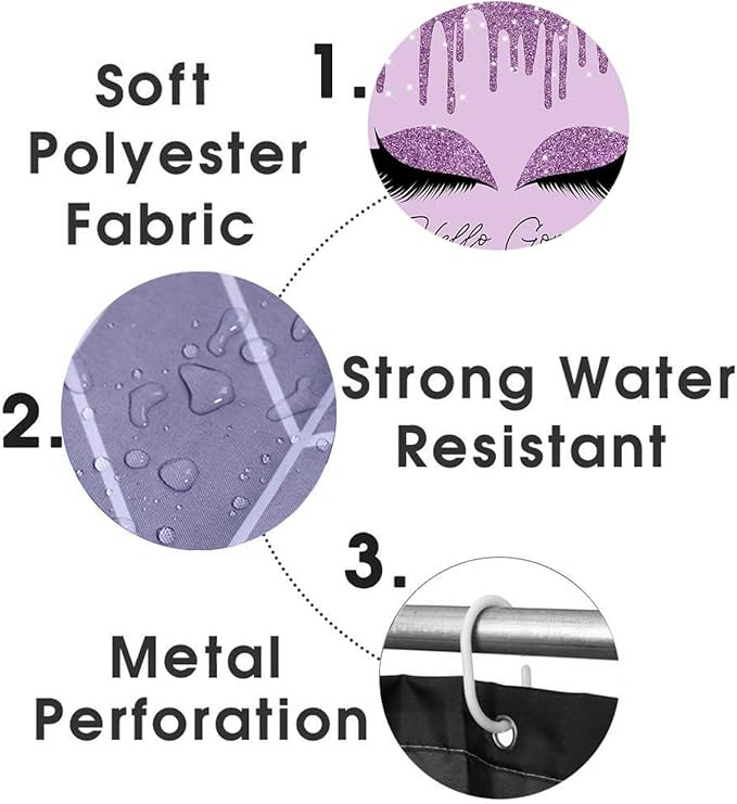 4PCS Purple Glitter Hello Gorgeous Shower Curtain Set, Glam Bling Diamond Rhinestones Gem Makeup Unicorn Eyelash Bathroom Decor, Waterproof Fabric Shower Curtain, Non-Slip Bath Mat Toilet Rug