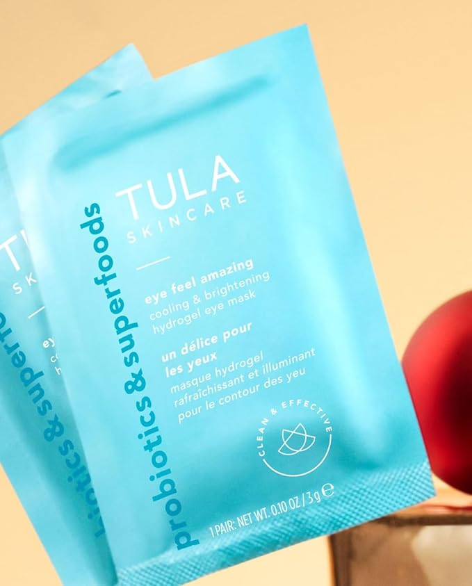 TULA Skin Care Eye Feel Amazing Cooling & Brightening Hydrogel Eye Masks - Fights Puffiness & Soothes Undereyes, Contains Hyaluronic Acid & Niacinamide, Caffeine & Chamomile, 4 packettes, 0.10 oz.