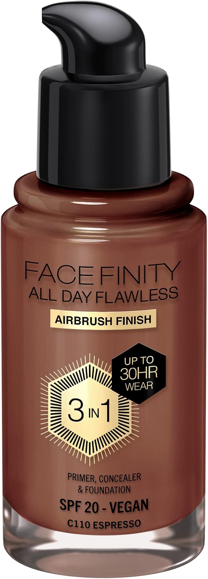 Max Factor Facefinity 3-in-1 All Day Flawless Liquid Foundation, SPF 20-110 Espresso, 30 ml