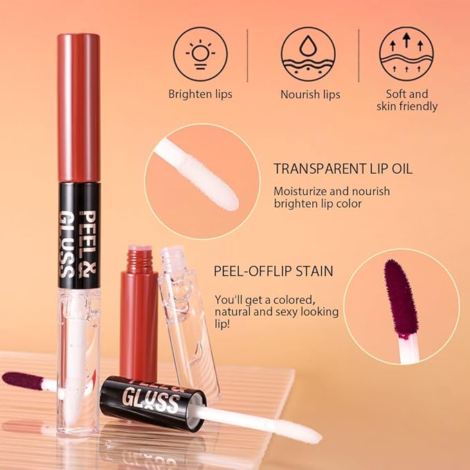 Lip Stain Peel Off Lip Gloss oil Dual-Ended Combo, Vivid Burgundy Lips Liner Stain Peel Off Tattoo, Long Lasting & Waterproof, Transfer-Proof Lip Tint Stain with Lip oil for All Skin Type 04#