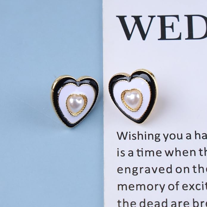Vintage Pearl Heart Stud Earrings Enamel Heart Earrings Heart Love Earrings White Minimal Earrings Jewelry for Women
