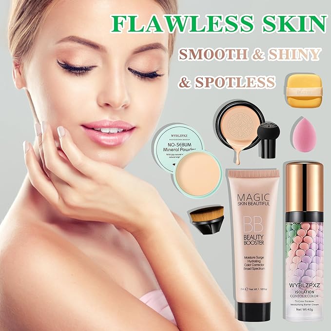 Mushroom Head Air Cushion CC Cream + BB Cream + Tri-color Color Corrector Isolation Cream Foundation Set Moisturizing Full Coverage Foundation Concealer Lasting Foundation Makeup Base Primerļ¼7 Pcsļ¼