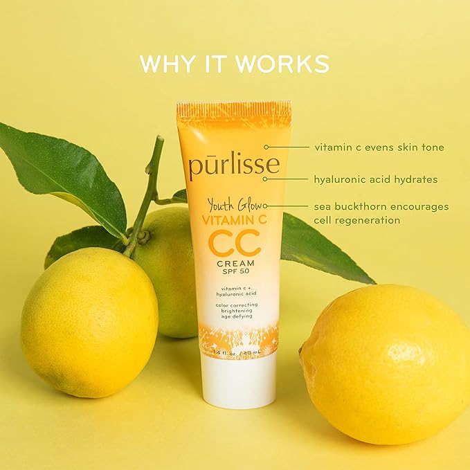 pūrlisse Youth Glow Vitamin C CC Cream SPF 50: Cruelty-Free & Clean, Paraben & Sulfate-Free, Full Coverage, Hydrates with Hyaluronic Acid | Light Medium 1.4oz
