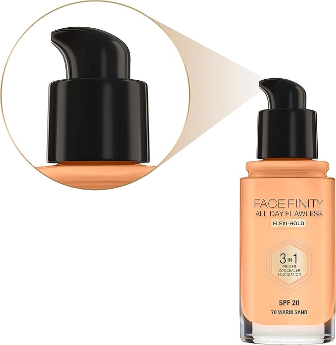 Max Factor Facefinity 3-in-1 All Day Flawless Liquid Foundation, SPF 20-70 Warm Sand, 30 ml