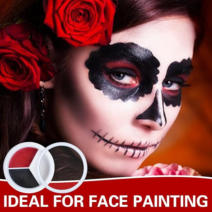3 Colors Black White Red Face Body Paint Clown Makeup Palette Professional Face Paint for Halloween Cosplay Sfx Joker Zombie Vampire Makeup