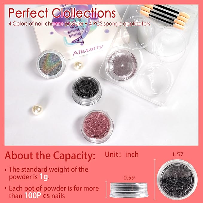 Allstarry Chrome Nail Powder, Metallic Mirror Effect Pigment Chrome Holographic Nail Glitter Magic Unicorn Glitter Dust Kit for Manicure Valentines Nail Art Decoration- Pink Silver Grey Series