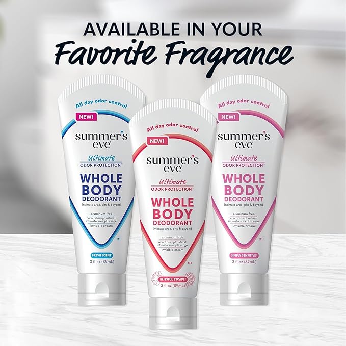 Summer's Eve, Whole Body Deodorant for Women, Ultimate Odor Control, Aluminum Free Deodorant, 3 Fl Oz; Simply Sensitive, Blissful Escape, & Fresh Scent