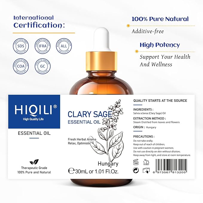 HIQILI 1 Fl Oz Clary Sage Oil Essential Oil, 100% Pure Undiluted for Diffuser, Aromatherapy - 30ml