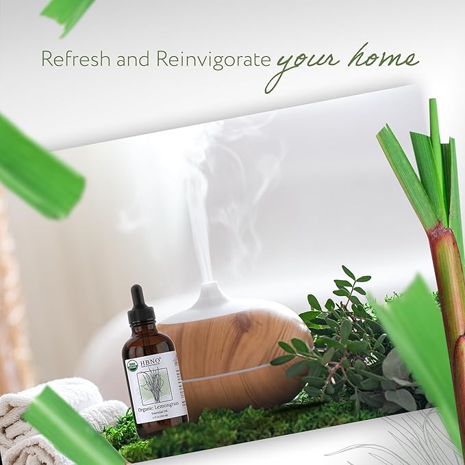 HBNO Organic Lemongrass Essential Oil - Huge 4 oz (120ml) Value Size - USDA Certified Organic Lemongrass Essential Oil, Perfect for Aromatherapy, Soap Making, DIY, Diffuser