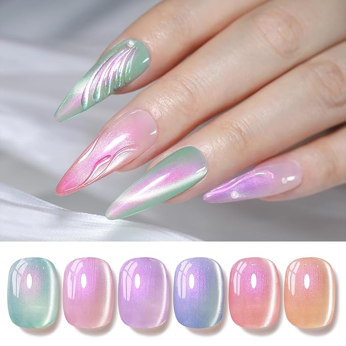 Born Pretty Magnetic Gel Nail Polish Set,Pastel Coral Sea Magnetic Eye Gel Jelly Glass Crystal Magnetic Gel Polish Nail Art Manicure Kit 6PCS