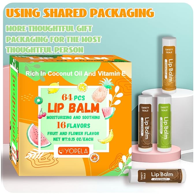 64 Pack Natural Lip Balm Bulk with Vitamin E and Coconut Oil Valentine's Day best choice - Moisturizing, Soothing, and Repairing Dry and Chapped Lips - 16 Flavors - Non-GMO