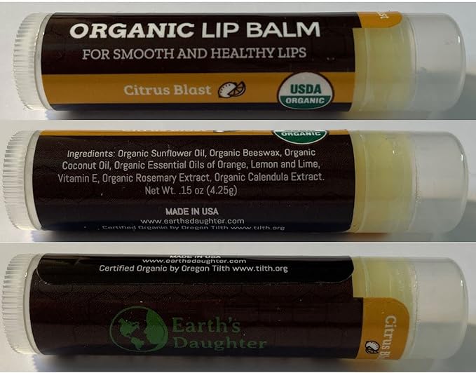 USDA Organic Lip Balm 4-Pack by Earth's Daughter - Citrus Flavor, Beeswax, Coconut Oil, Vitamin E - Best Lip Repair Chapstick for Dry Cracked Lips.