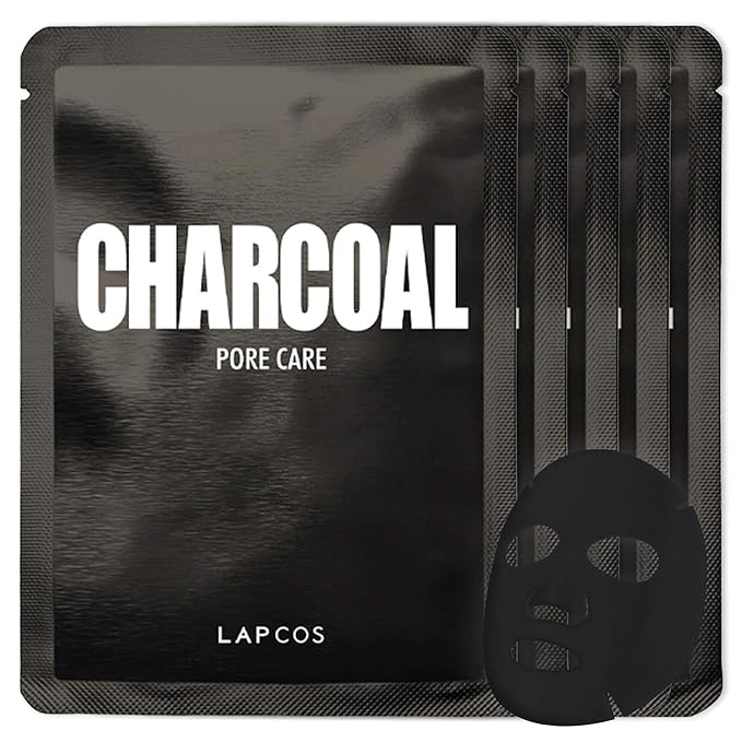LAPCOS Charcoal Sheet Mask, Daily Face Mask with Salicylic Acid and Tea Tree Oil to Detoxify and Tighten Skin, Korean Beauty Favorite, 5-Pack