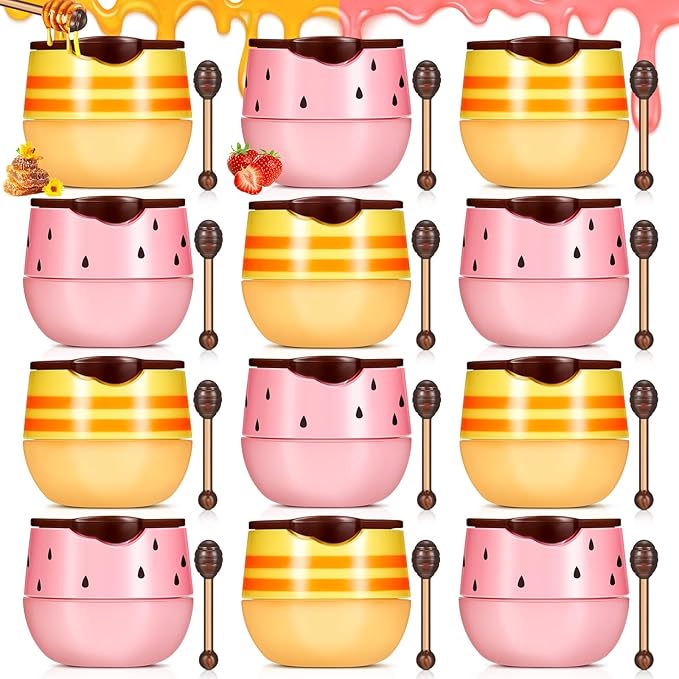 12 Pcs Bee Lip Balm Honey Pot with Brush Propolis Lip Mask Overnight, Moisturizing Hydrating Lip Sleeping Mask Prevention Dry and Cracked(Honey+Strawberry)
