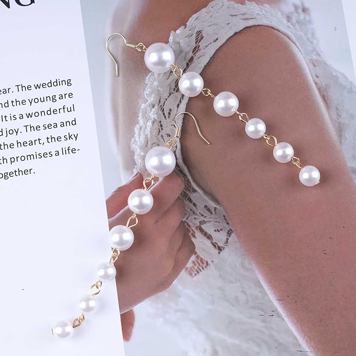 Boho Long Pearl Drop Earrings Vintage Gold Tassel Pearl Dangle Earrings Statement Pearl Chain Drop Dangle Earrings Wedding Prom Bridal Pearl Hook Earrings Jewelry for Women