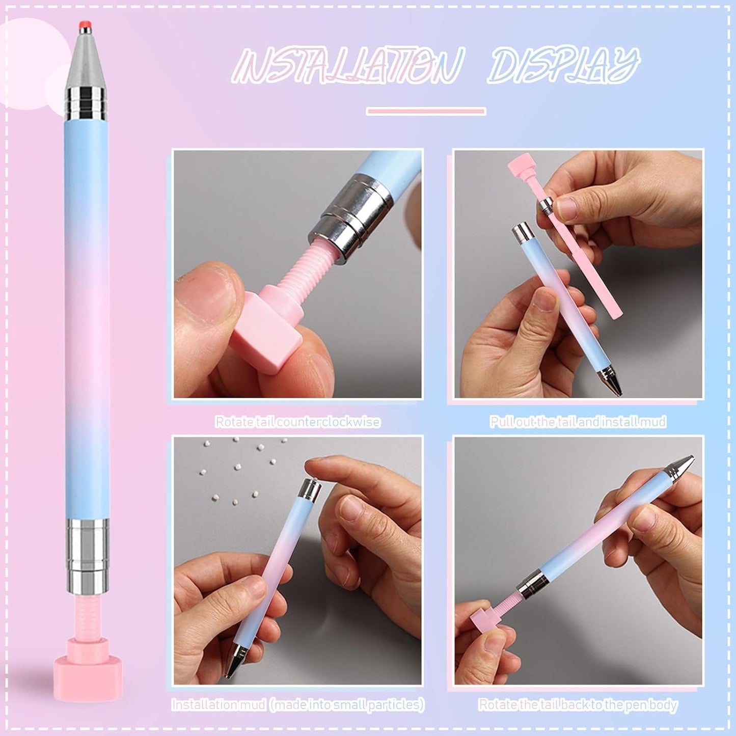 WOKOTO 1 PCS Nail Art Rhinestone Picker Pens With 1 Box Spare Silicone Clay Tool Blue Pink Gradient Rotating Push Nail Diamond Art Painting Dotting Pen Refillable Wax Pen For Nails Gems Picker Tool
