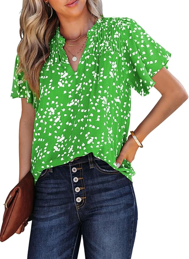 SHEWIN Women's Casual V Neck Floral Print Smocked Short Sleeve Chiffon Blouses Bohemian Top Shirts