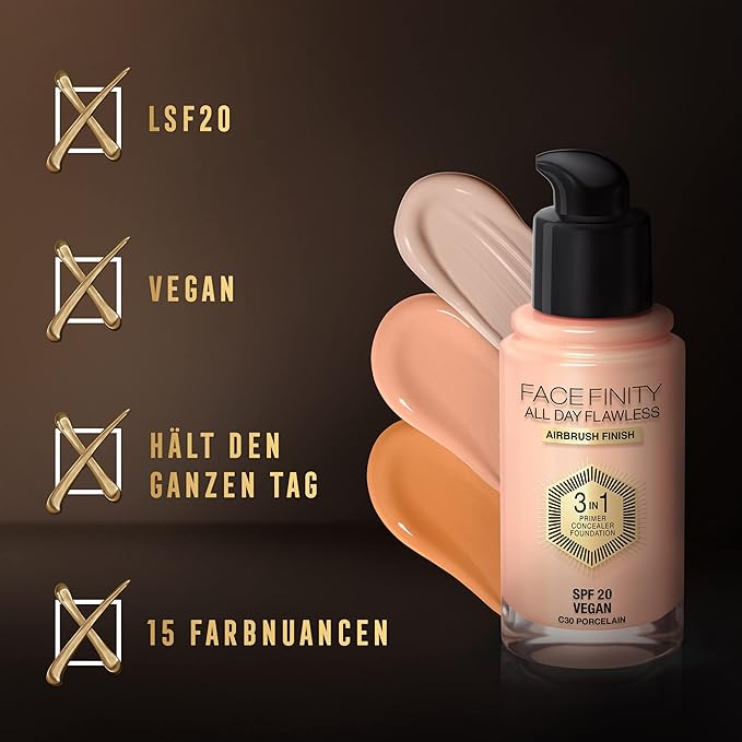 Max Factor Facefinity 3-in-1 All Day Flawless Liquid Foundation, SPF 20-64 Rose Gold, 30 ml