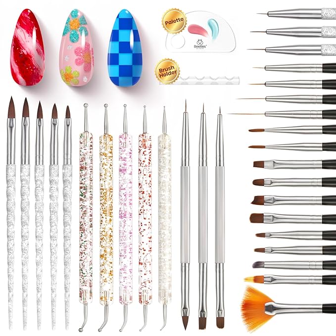 Beetles 31pcs Nail Art Brushes, Dotting Tools, Nail Art Pens, Dust Brush, Striping Liner Fingernail Drawing Pens with Palette Holder All in One for Starter Manicure Design Set