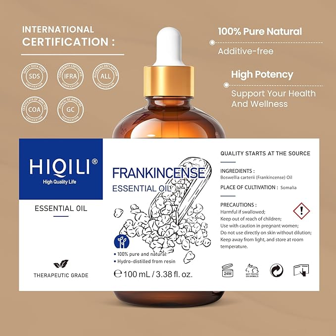 HIQILI 100ML Frankincense Essential Oil, for Massage, 100% Pure and Natural 3.38 Fl Oz