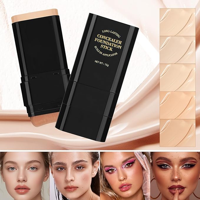 2PCS Long-Lasting Concealer Foundation Stick, Full Coverage Foundation Stick, 2-in-1 Contouring foundation with Brush, Cover Blemishes for All Skin Types (01#Ivory)