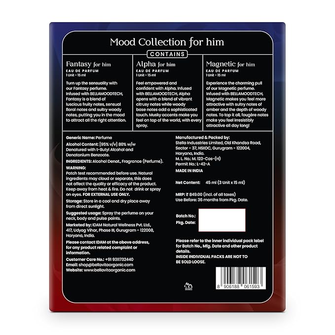 BellaVita Luxury Mood Collection Gift Set (3x15ml) for Men | Pheromone Inspired Technology Long Lasting Fragrance | Includes Alpha, Fantasy & Magnetic Perfumes | Woody, Vanilla, Benzoin and Cedarwood