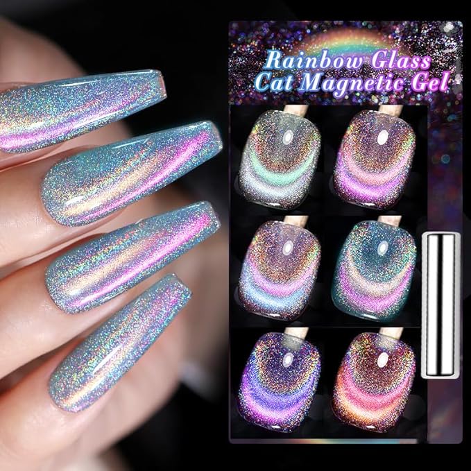 Born Pretty Magnetic Gel Nail Polish Holographic Glass Cat Magnetic Eye Gel Polish Nail Gel Soak Off Nail Art Salon Manicure Collection Gift 6pcs