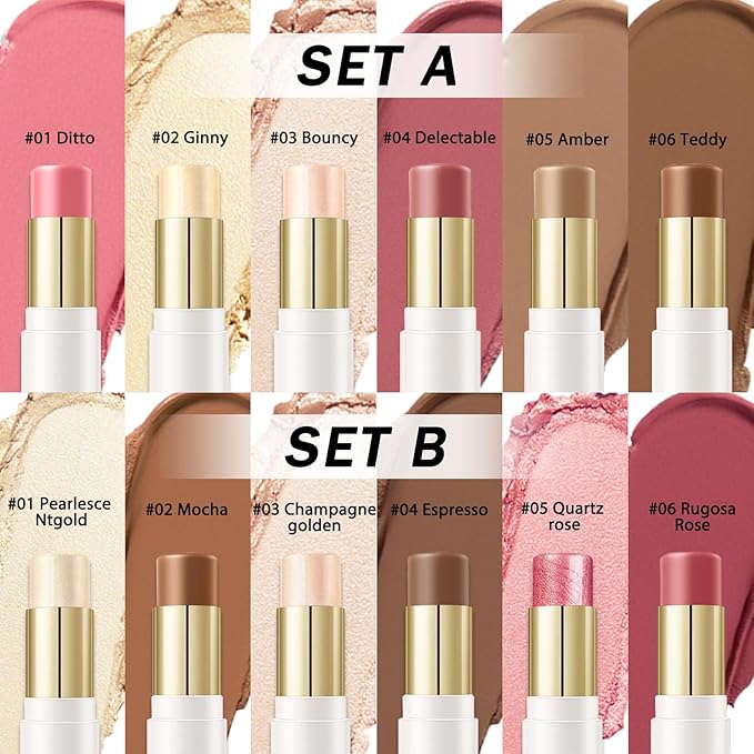 6 Colors Cream Contour Stick Makeup Kit, Double-ended Cream Highlighter Stick Bronzer and Blush Stick for Sculpt the Cheeks, Matte & Dewy Finish, Face Contour Kit for Beginners, Set B