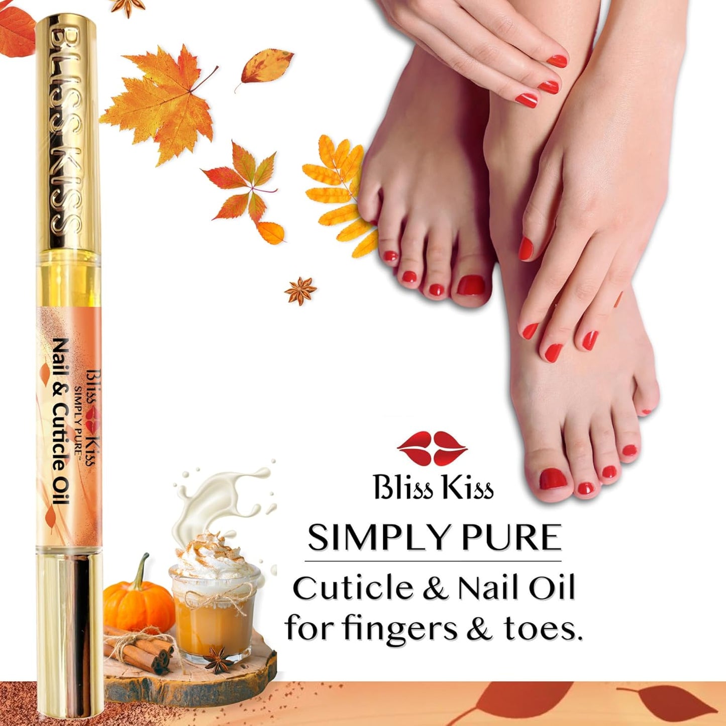Bliss Kiss | 4 Pumpkin Spice Latte Scent Nail | Oil Cuticle Pen w/Vitamin E & Jojoba⏤Nail Strengthener Nail Growth Serum for Brittle Peeling Breaking Thin Nails