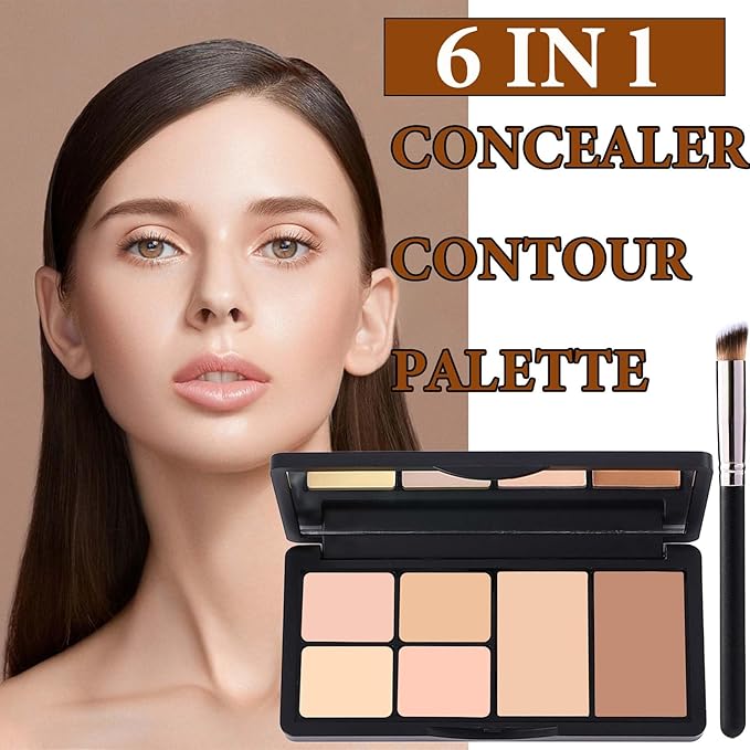 6 Colors Correcting Concealer Contour Palette,Concealer Cream Contour Makeup Palette,Contouring Foundation Highlighting Makeup Kit with Brush(02#)