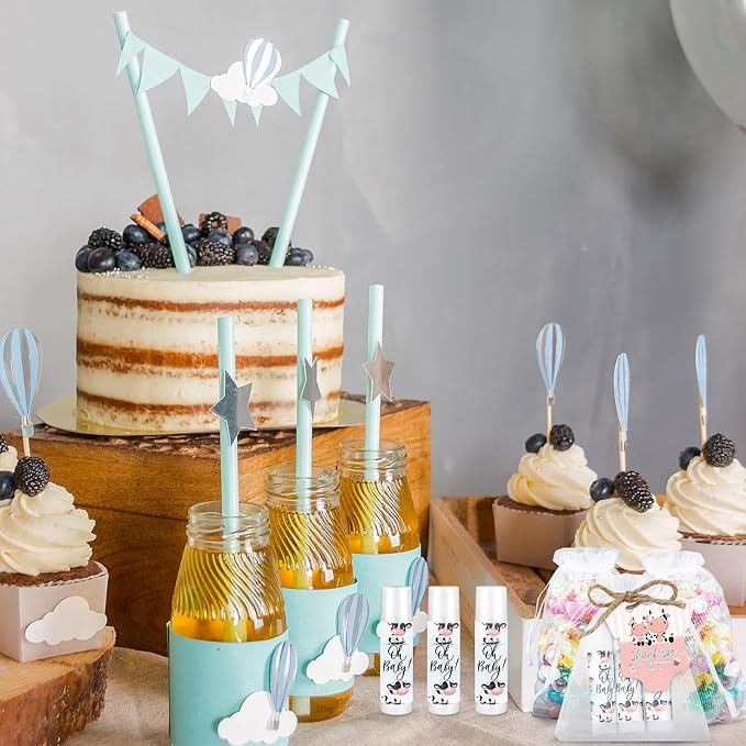 Demissle 50 Pcs Baby Shower Lip Balm Gift Set with 100 Pcs Organza Bags Baby Shower Party Favor for Guest Thank You Tag Rope Baby Shower Party Decoration Gender Reveal Souvenirs(Cow)