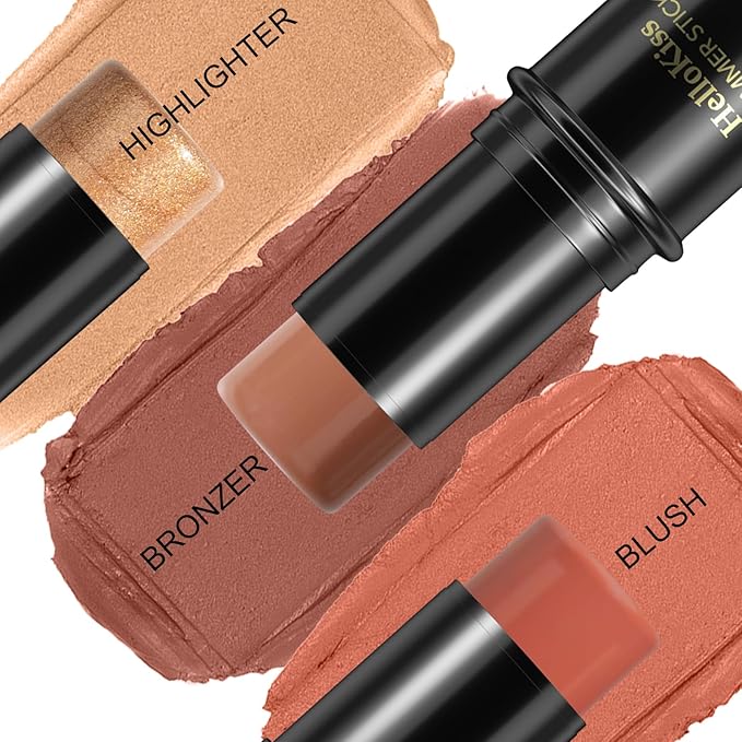 3 Pcs Face Contour Stick Kit, Matte Finish Face Stick Trio with Bronzer Blush Highlighter and Brush, Long Lasting Waterproof Cream Beauty Wand Makeup Set for Sculpt Glowing Face Look (#5, 6, 15)