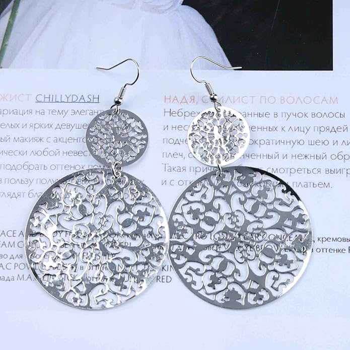 Filigree Hollow Disc Dangle Drop Earrings Boho Gold Ethnic Carved Flower Earrings Double Round Disc Drop Earrings Statement Hook Earrings Wedding Bridesmaid Jewelry for Women and Girls