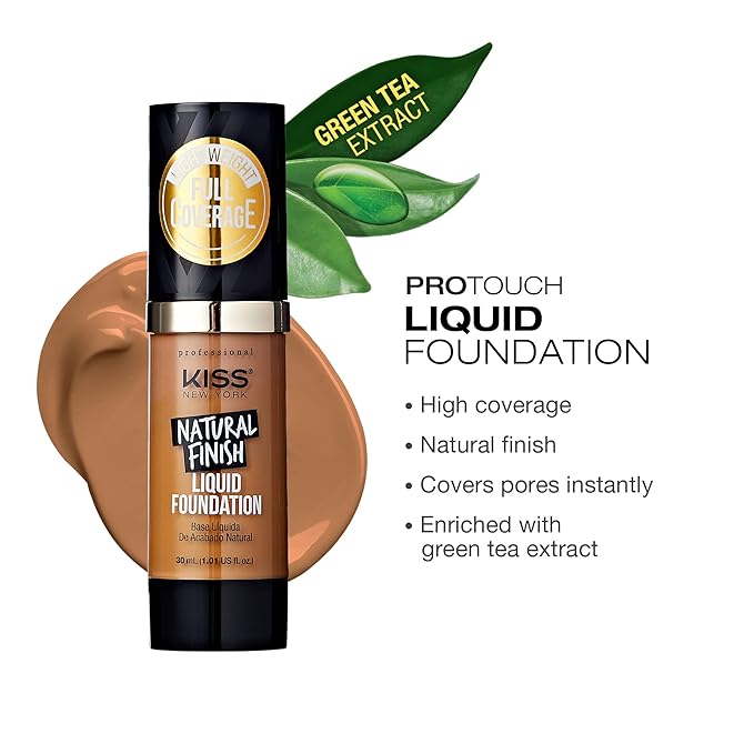Kiss New York Professional Liquid Foundation - Lightweight and Hydrating Formula, Natural Finish, Control Shine, Cover Pores, Medium to Full Coverage, Green Tea Extract (Classic Tan)