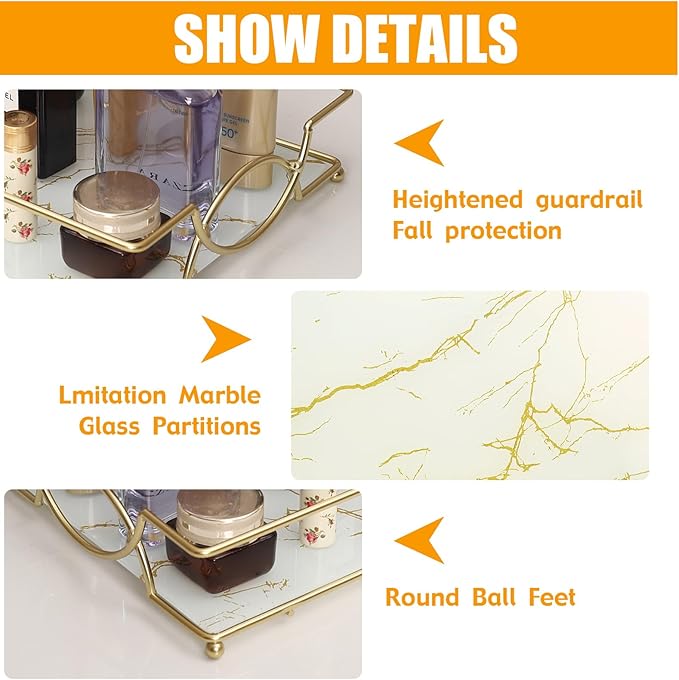 Vanity Tray Luxury Bathroom Counter Tray Glass Perfume Organizer Holder Cosmetics Makeup Skincare Display Decorative Vanity Trays for Bathroom Dresser Bedroom (Platinum, L)