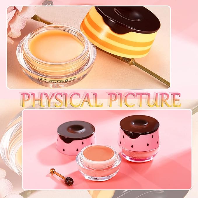 Bee Lip Balm Honey Pot, 2 PCS Strawberry & Honey Lip Masks Hydrating Prevention Dry and Cracked Lip Scrubs Exfoliator,Lip Sleep Mask Reduces Lip Lines,Lip Exfoliating BeeLip Balm Sleeping Lip Mask